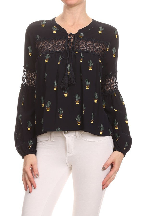 Cactus Print Long Sleeve Blouse