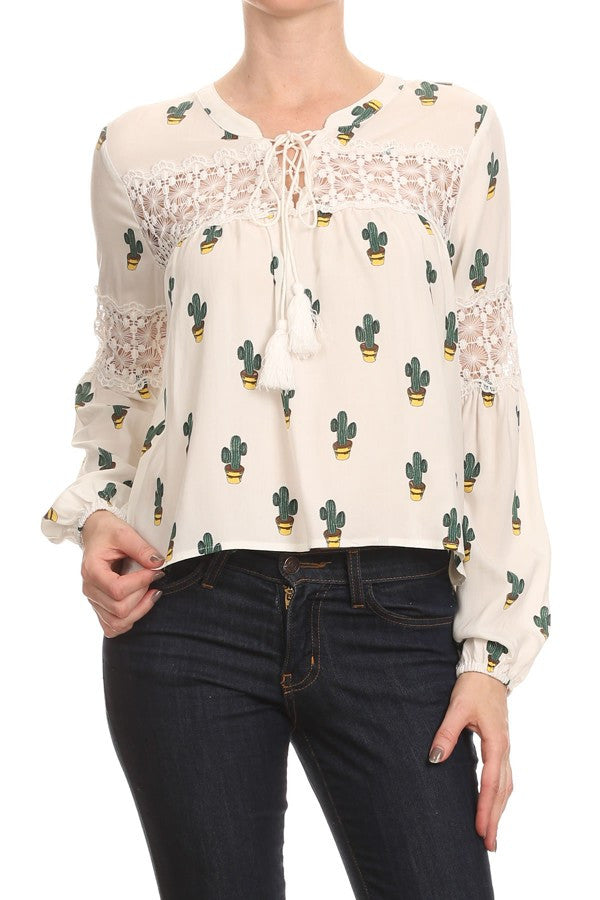 Cactus Print Long Sleeve Blouse