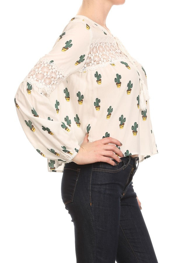 Cactus Print Long Sleeve Blouse