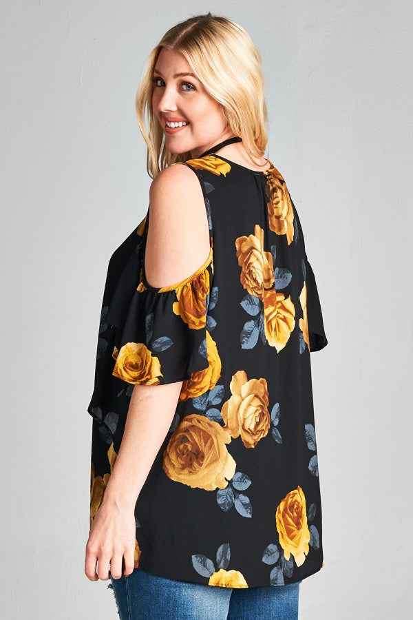 Plus Size Floral Print Cold Shoulder Blouse