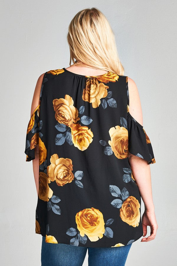 Plus Size Floral Print Cold Shoulder Blouse
