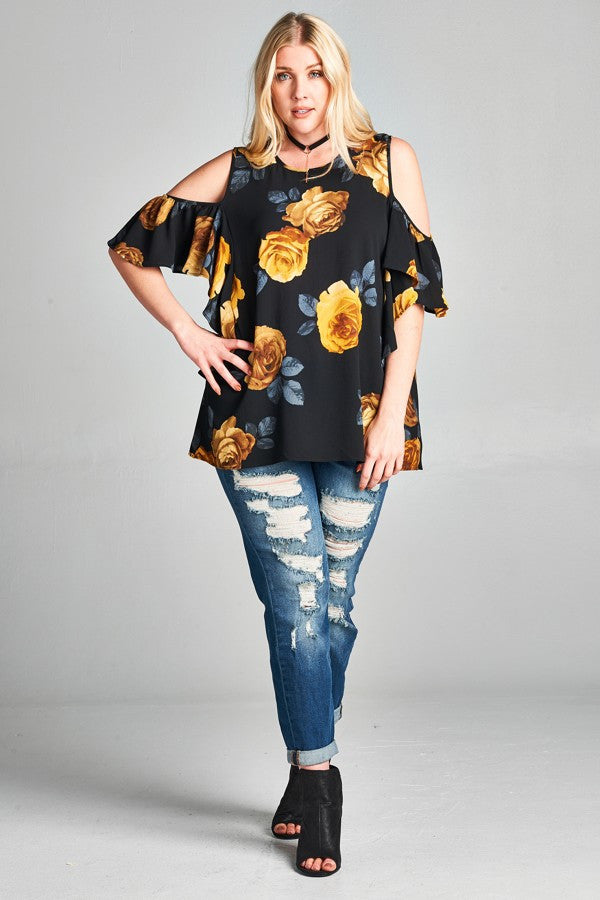 Plus Size Floral Print Cold Shoulder Blouse