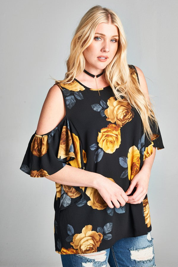 Plus Size Floral Print Cold Shoulder Blouse