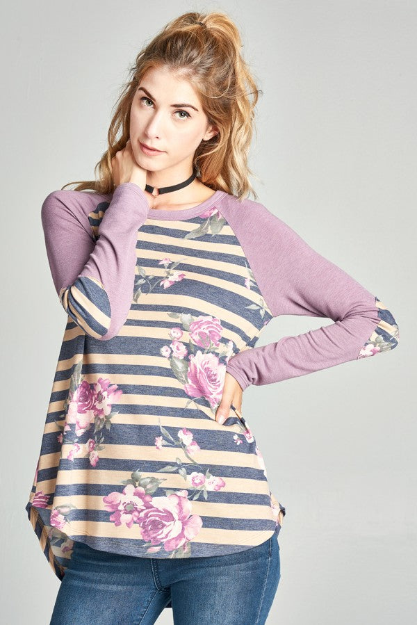 Striped Floral Raglan Top