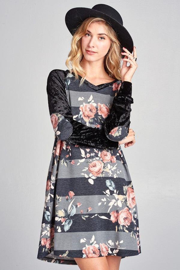Floral Dress with Velvet Sleeves