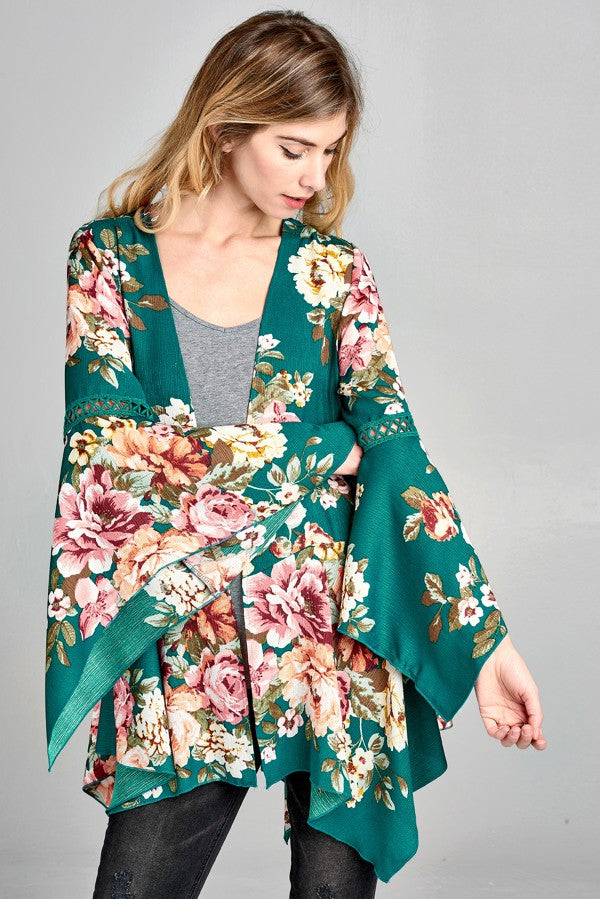 Teal Floral Print Cardigan