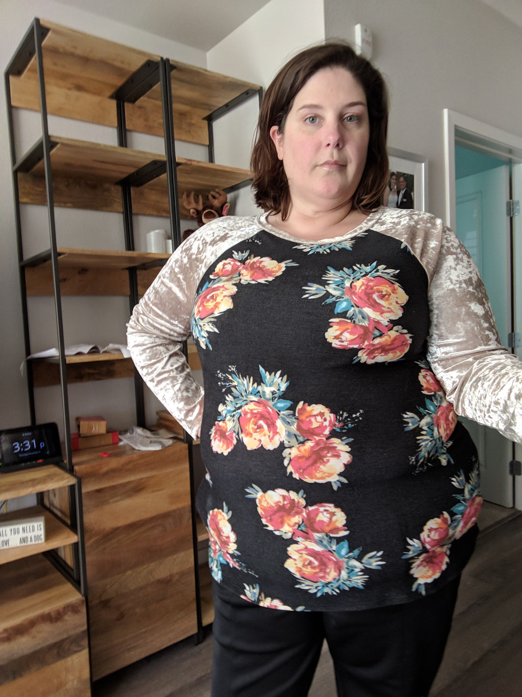 Plus Size Floral Raglan with Velvet Sleeves