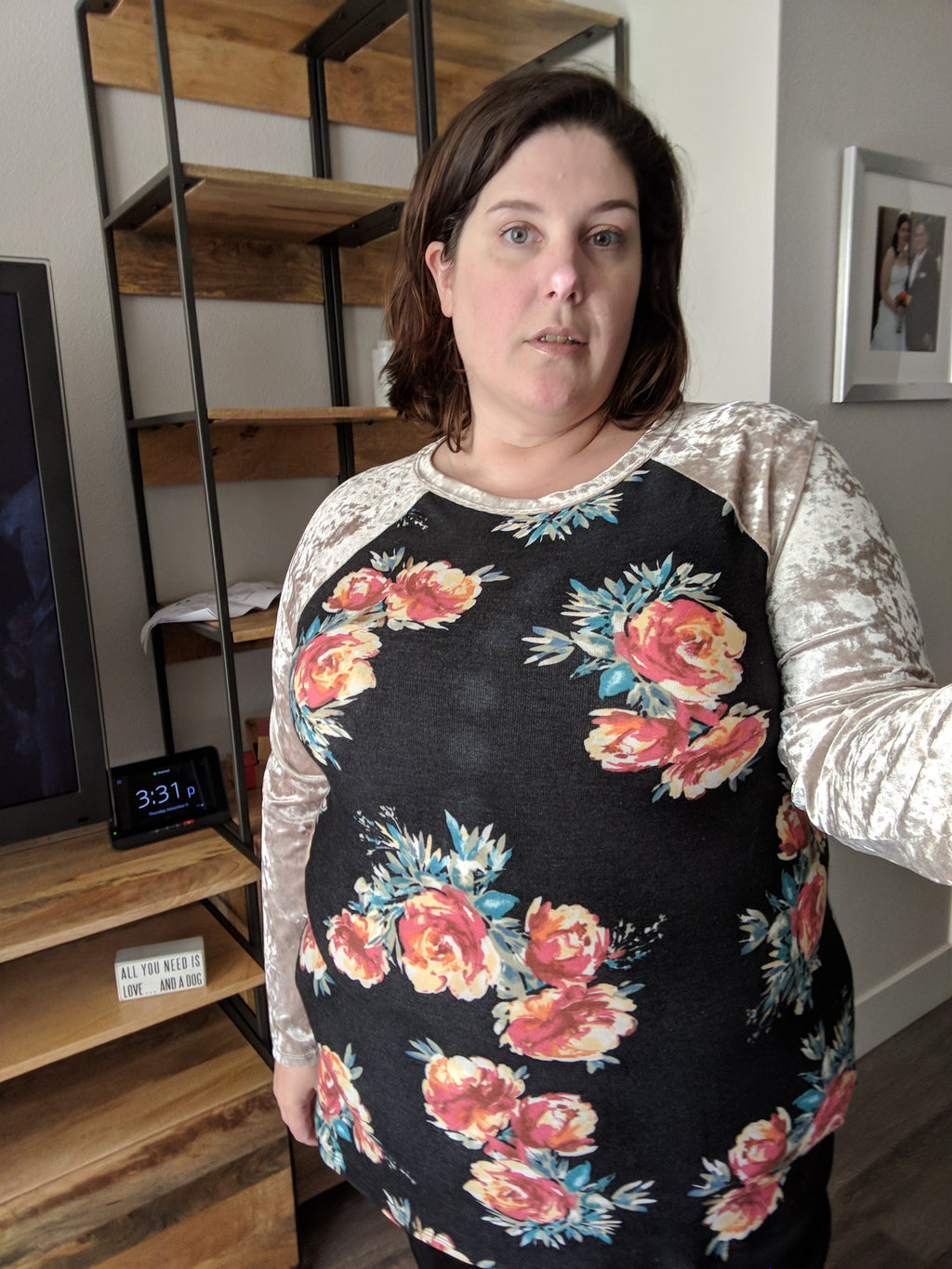 Plus Size Floral Raglan with Velvet Sleeves