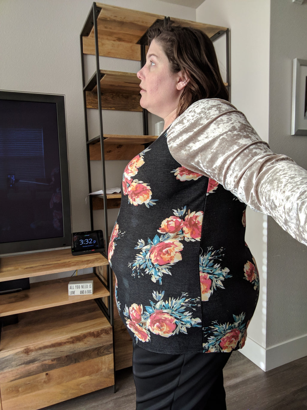 Plus Size Floral Raglan with Velvet Sleeves