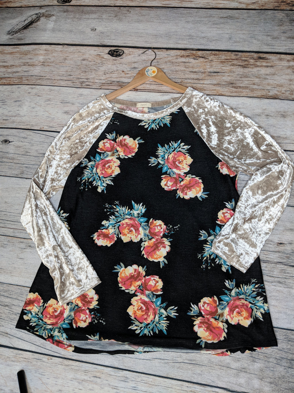 Plus Size Floral Raglan with Velvet Sleeves