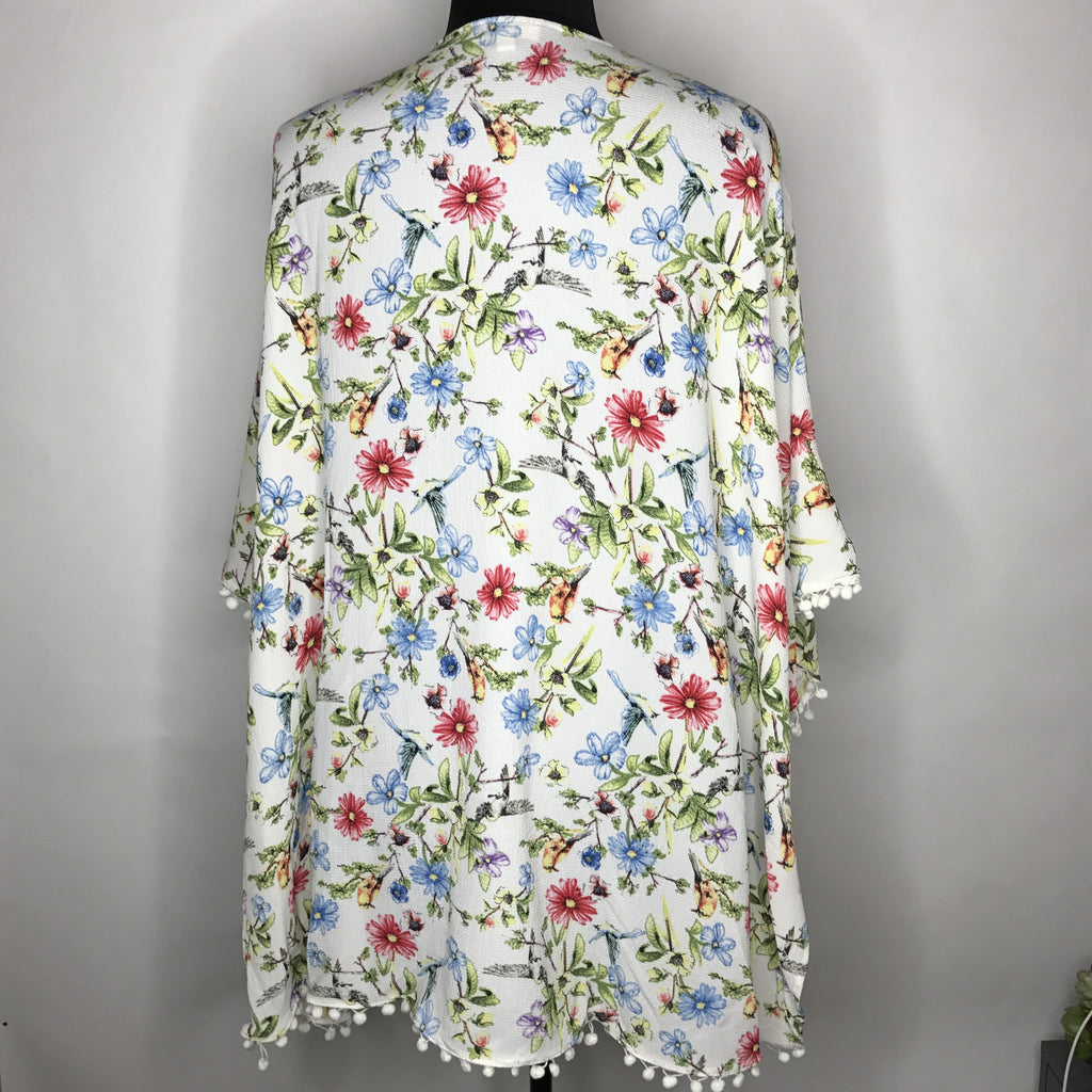 Plus Size Floral Print Kimono with Pom Trim