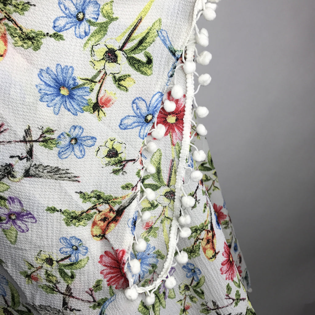 Plus Size Floral Print Kimono with Pom Trim