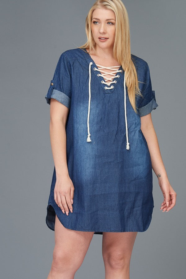 Plus Size Denim Lace Up Mini Dress