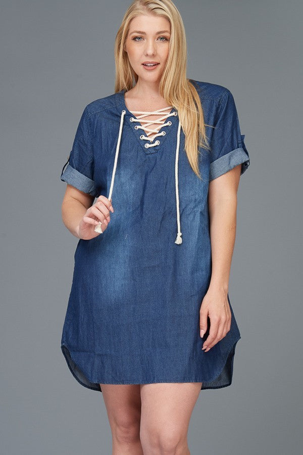 Plus Size Denim Lace Up Mini Dress
