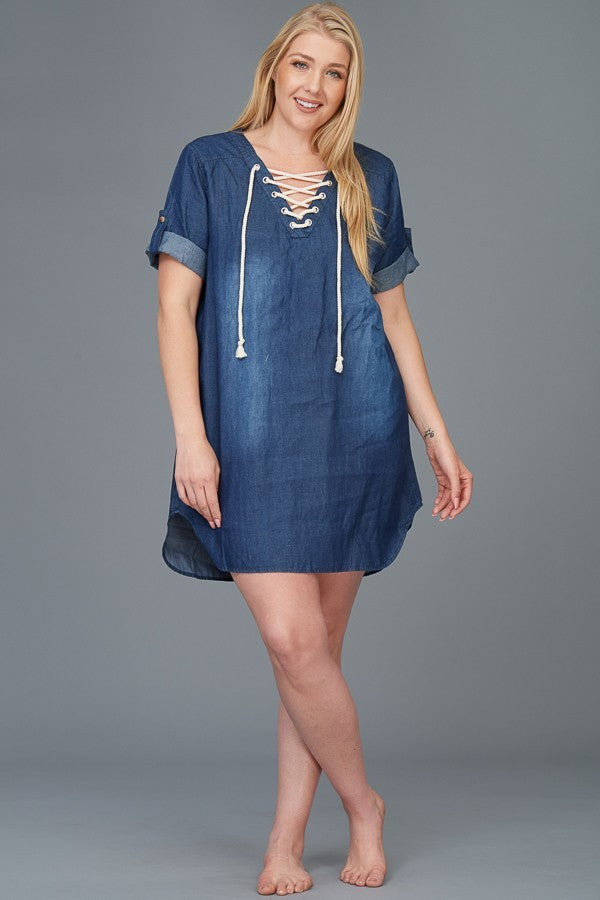 Plus Size Denim Lace Up Mini Dress