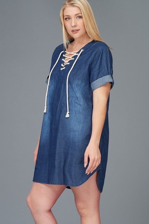 Plus Size Denim Lace Up Mini Dress