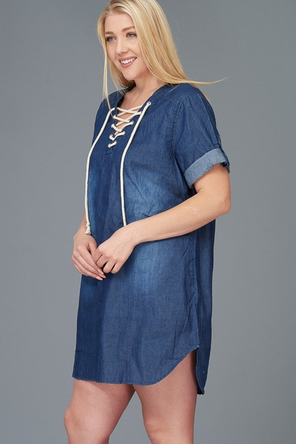 Plus Size Denim Lace Up Mini Dress
