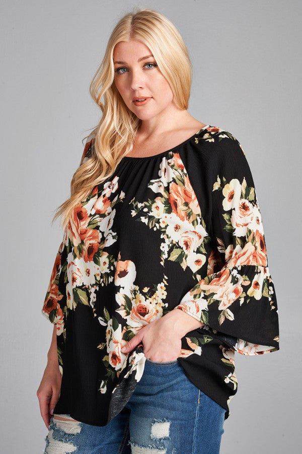 Plus Size Floral Print Bell Sleeve Top